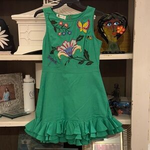 NWT Fanm Mon Flirt Floral Embroidered Ruffle Hem Mini Dress green Xs